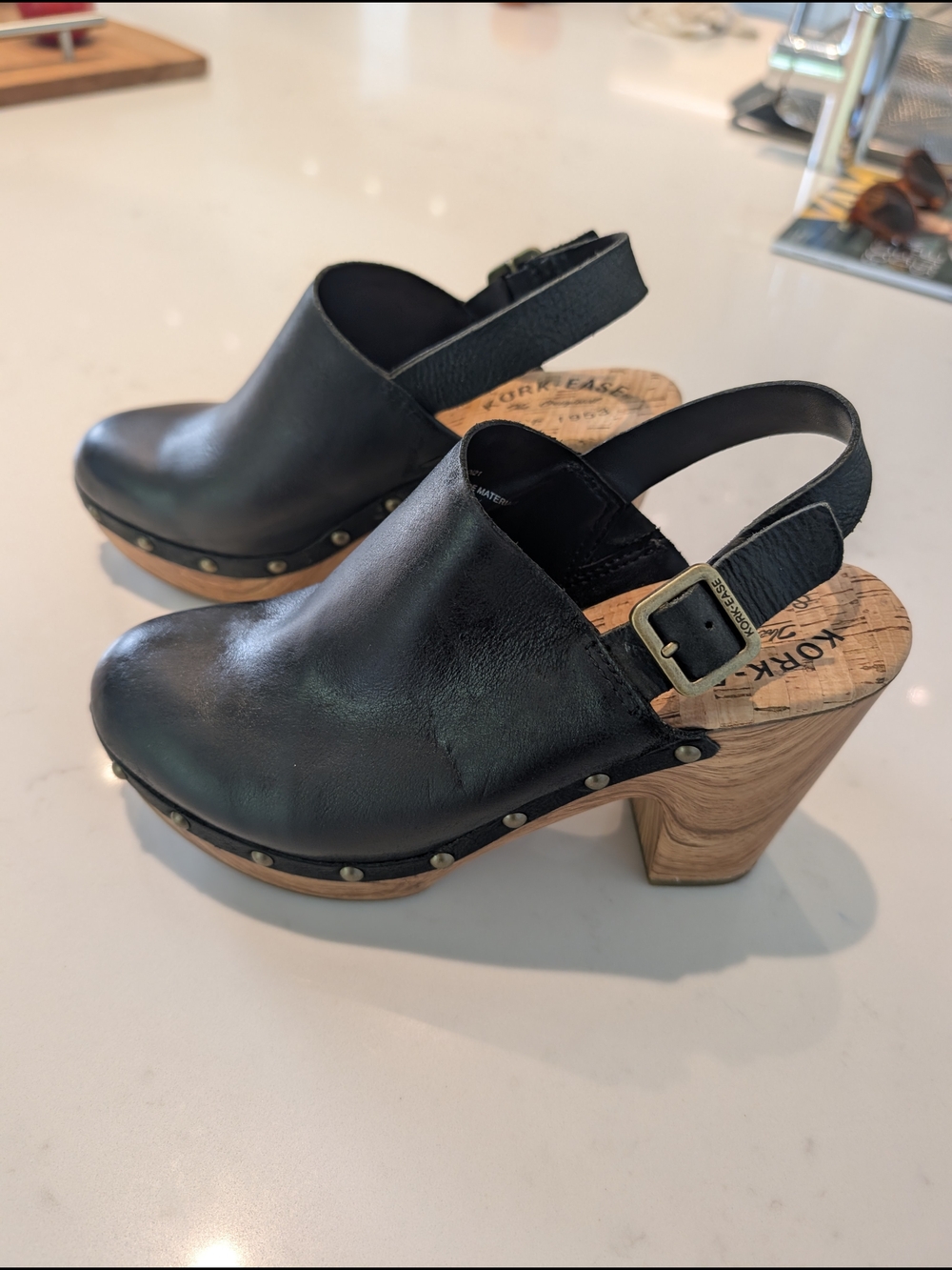Kork-Ease New Black Leather Slingback Clogs with Wood Heel